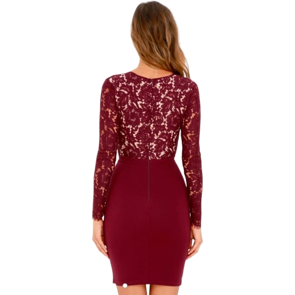 Lulu’s Swooner or Later burgundy long sleeve lace deep v neck bodycon dress SZ L - Picture 9 of 11